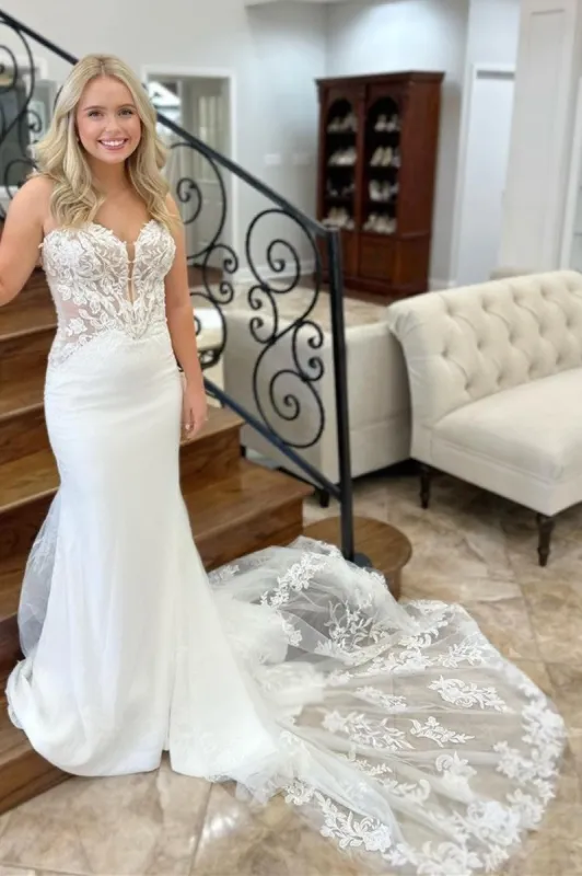 Lace White Strapless Appliques Mermaid Long Wedding Dress sold by KissProm