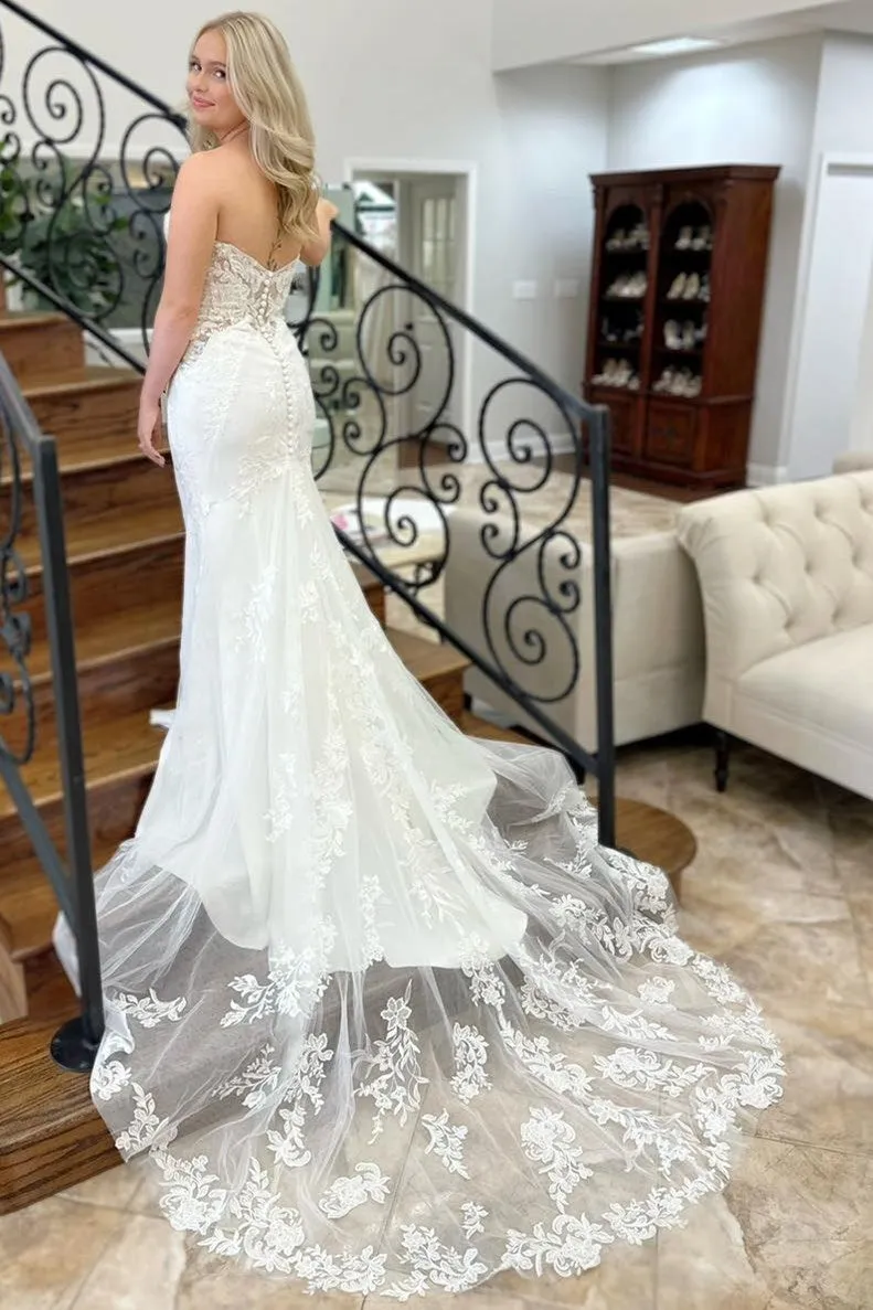 Lace White Strapless Appliques Mermaid Long Wedding Dress sold by KissProm product image thumbnail 2