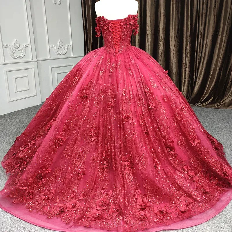 Red Quinceanera Dress Ball Gown Sequined Flowers sold by KissProm product image thumbnail 2