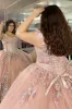 Quinceanera Dress Glitter Pink 3D Floral Lace Off-the-Shoulder sold by KissProm