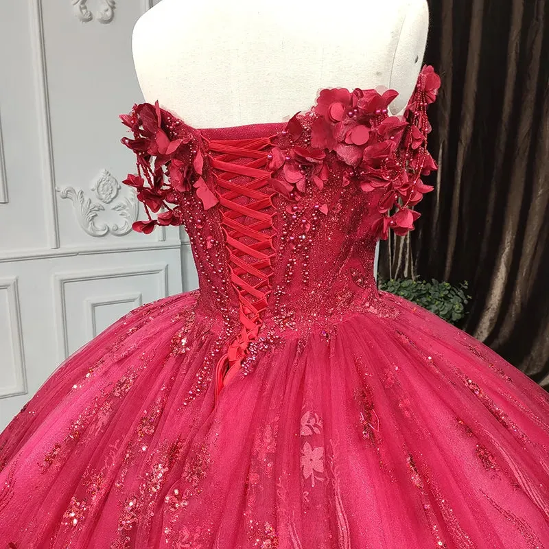 Red Quinceanera Dress Ball Gown Sequined Flowers sold by KissProm product image thumbnail 3