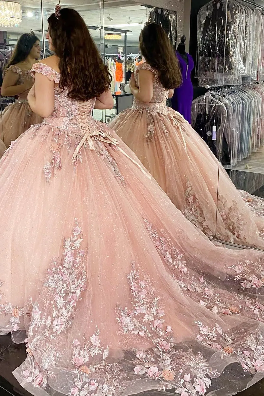 Quinceanera Dress Glitter Pink 3D Floral Lace Off-the-Shoulder sold by KissProm product image thumbnail 3