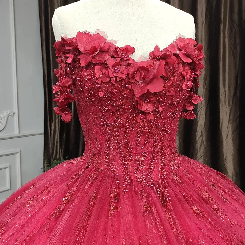 Red Quinceanera Dress Ball Gown Sequined Flowers sold by KissProm product image thumbnail 4