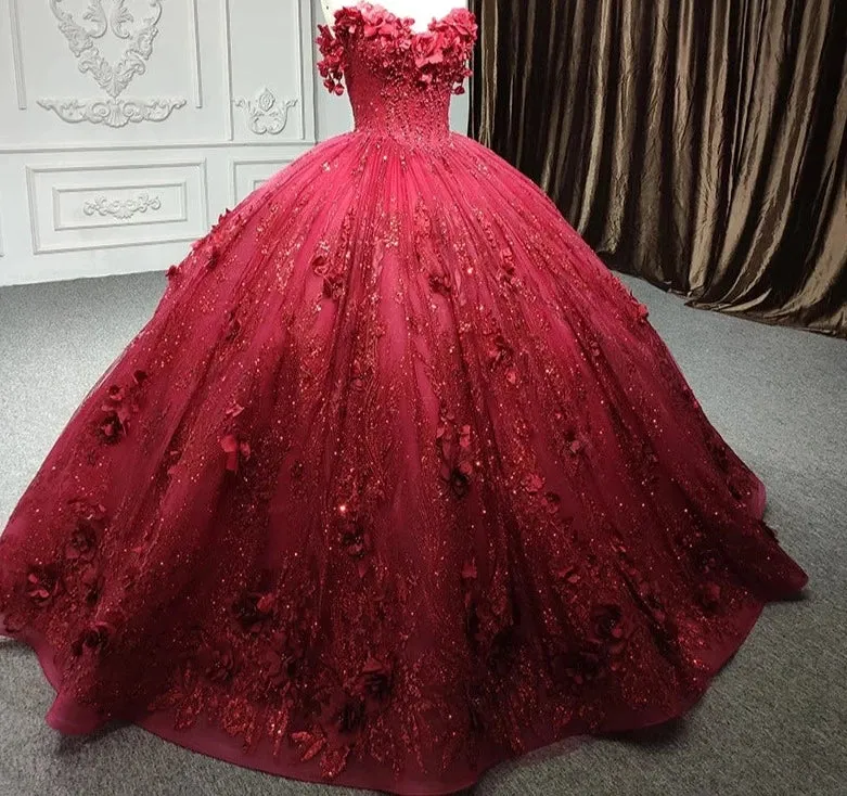 Red Quinceanera Dress Ball Gown Sequined Flowers sold by KissProm