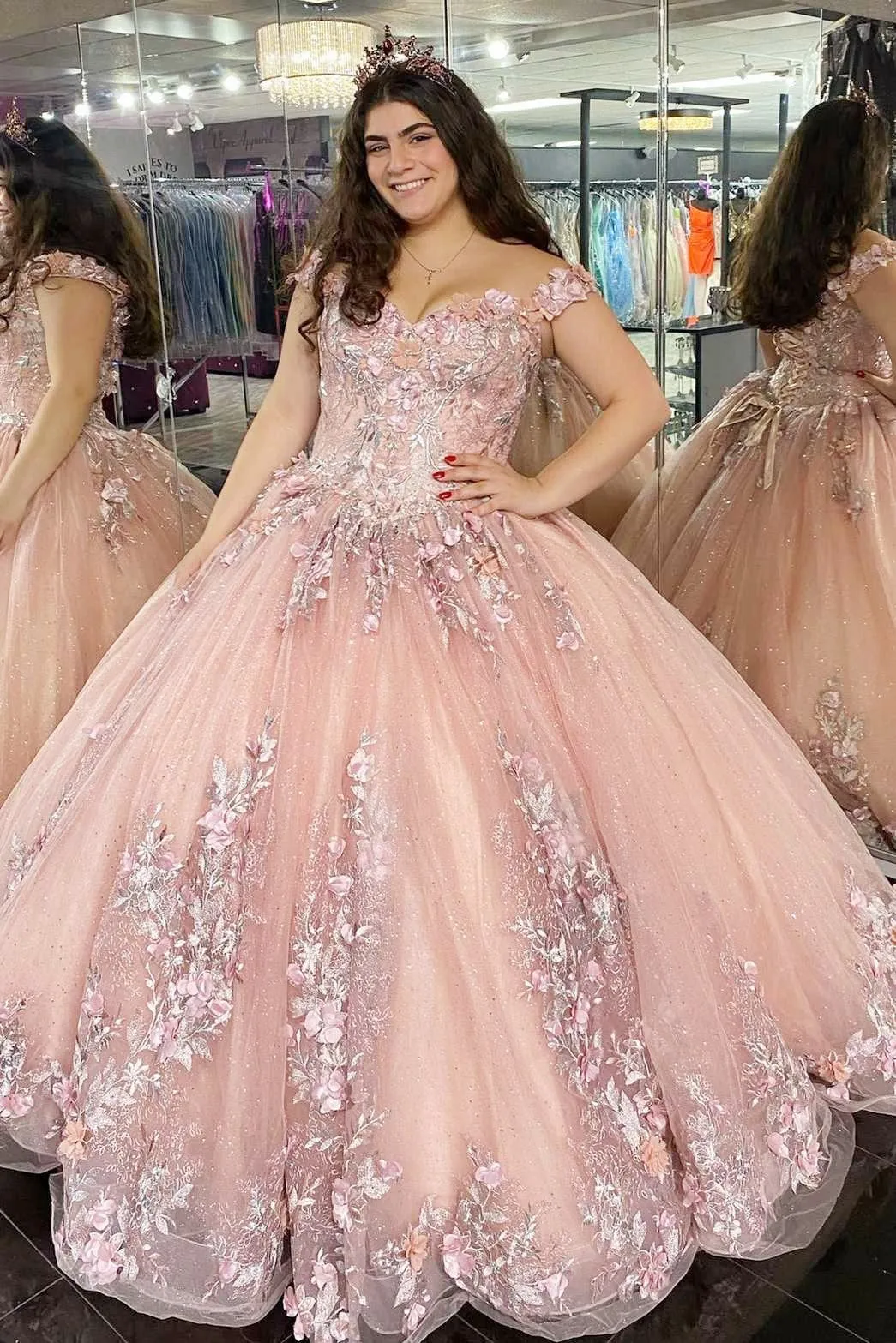 Quinceanera Dress Glitter Pink 3D Floral Lace Off-the-Shoulder sold by KissProm