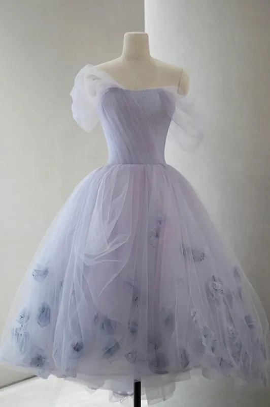 Kenna | Purple Tulle Short A-Line Prom Dress Cute Off the Shoulder Party Dress sold by KissProm