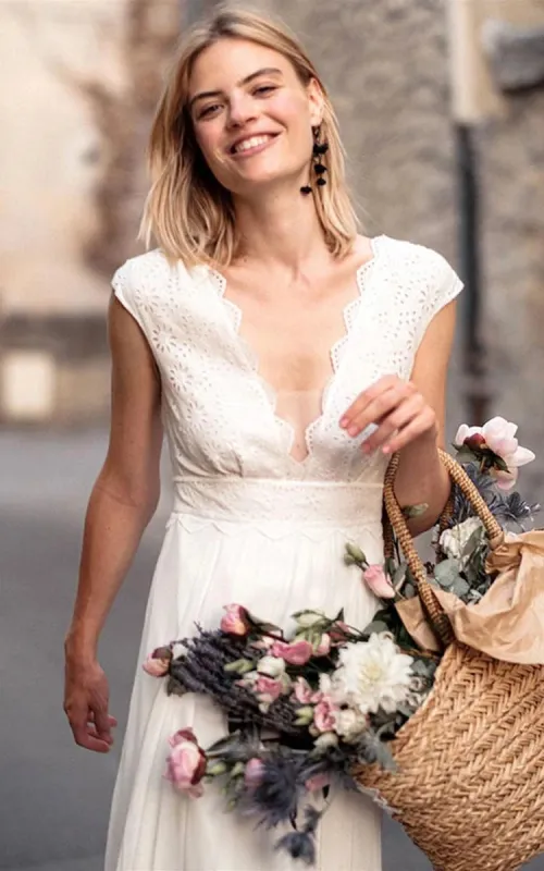 Ethereal Chiffon Lace V-neck A Line Short Sleeve Wedding Dress with Low-V Back sold by KissProm