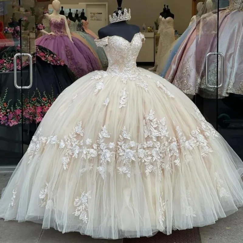 Off The Shoulder Long Champagne Lace Appliques Quinceanera Dress sold by KissProm