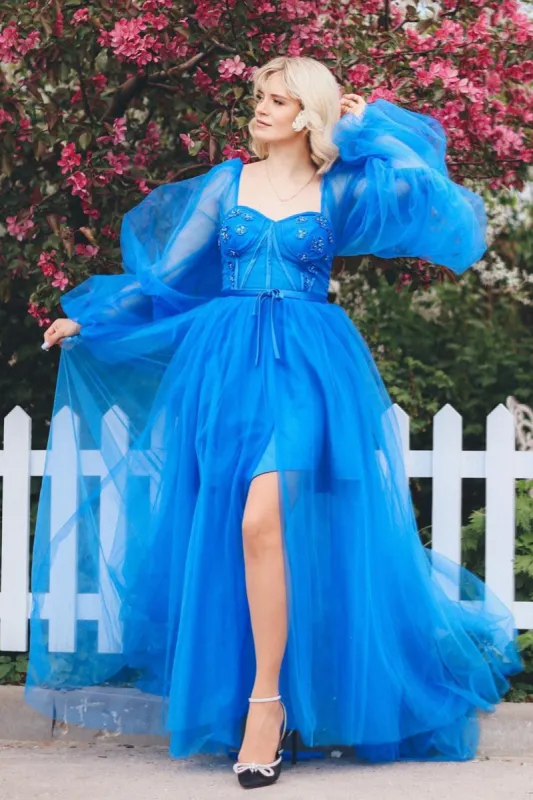 A line Long Sleeves Satin Tulle Prom Dress with Slit sold by KissProm