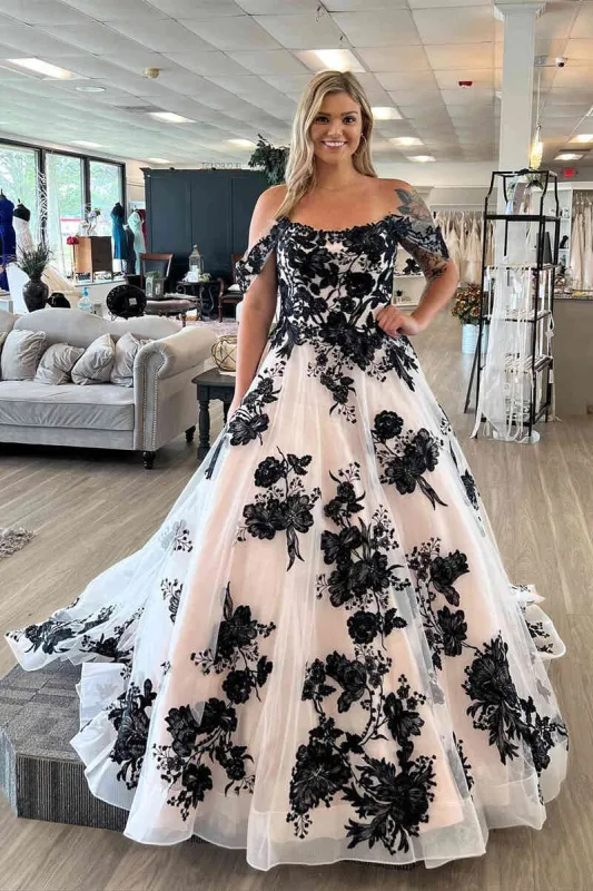 Off the Shoulder Tulle Long Wedding Dress with Black Appliques sold by KissProm