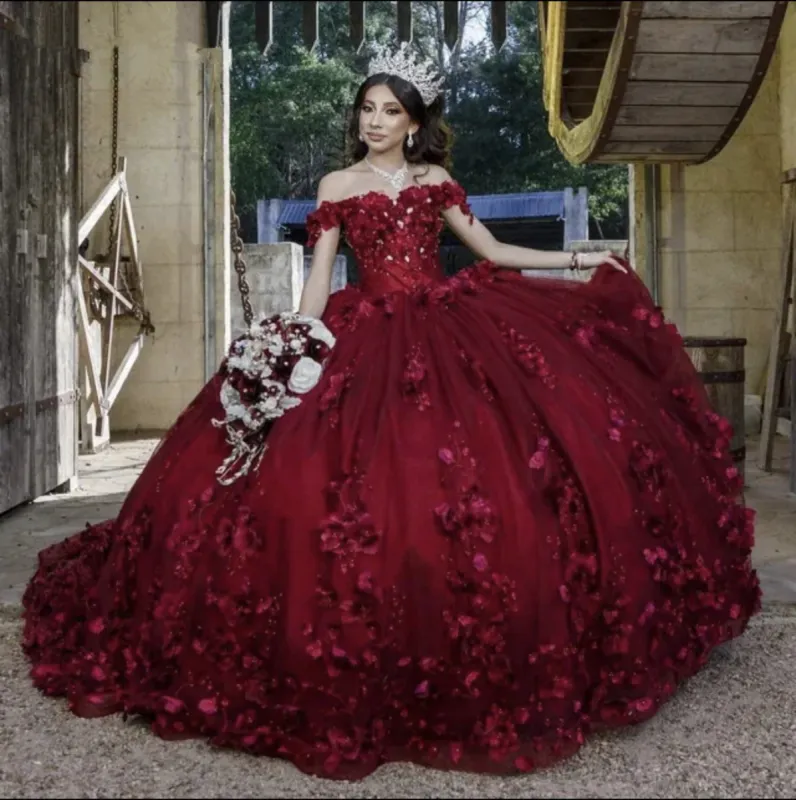 Illa | Ball Gown Organza Sweetheart Burgundy Quinceanera Dress sold by KissProm