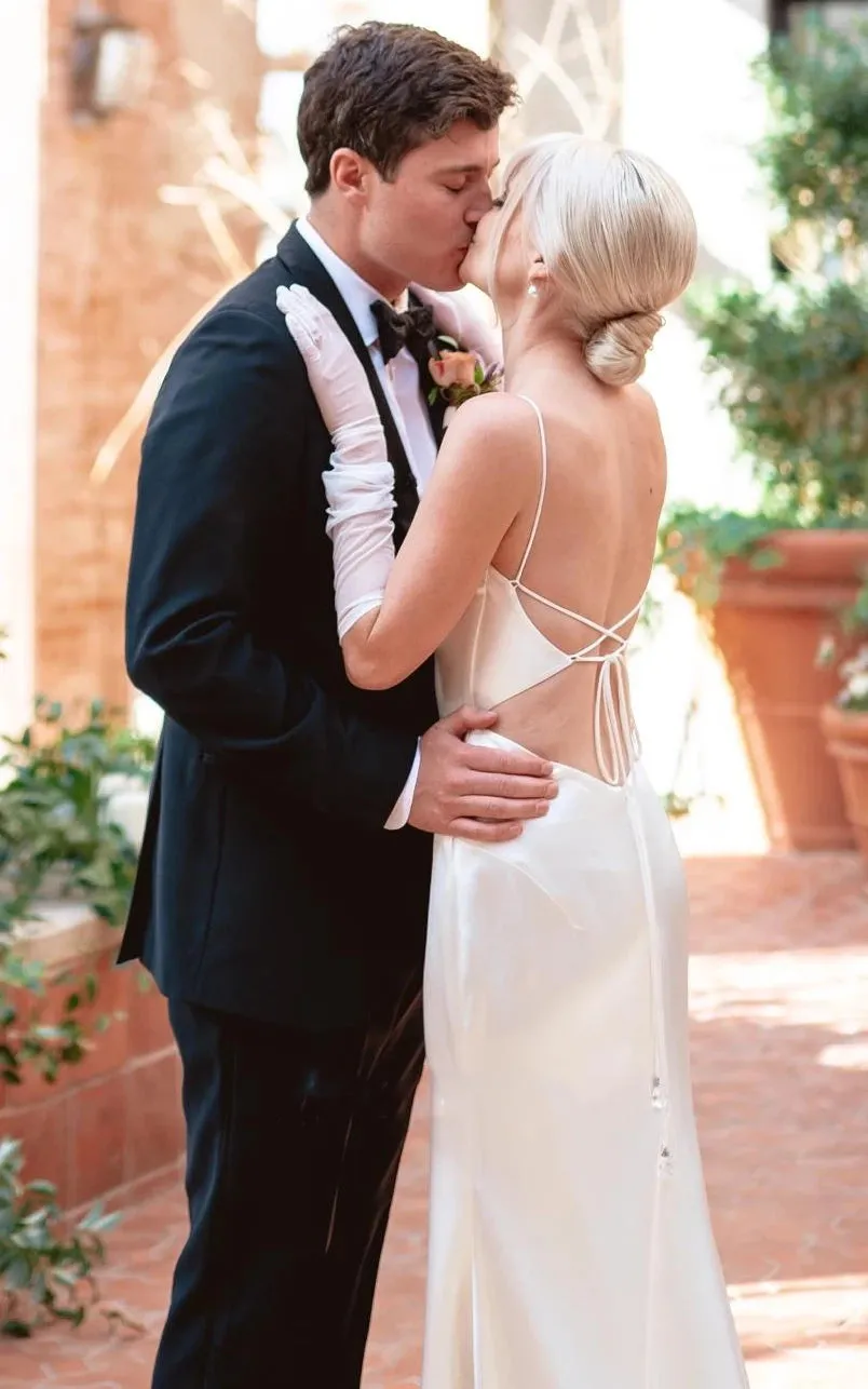 Modern Mermaid Spaghetti Charmeuse Wedding Dress With Chapel Train And Tied Back sold by KissProm product image thumbnail 2