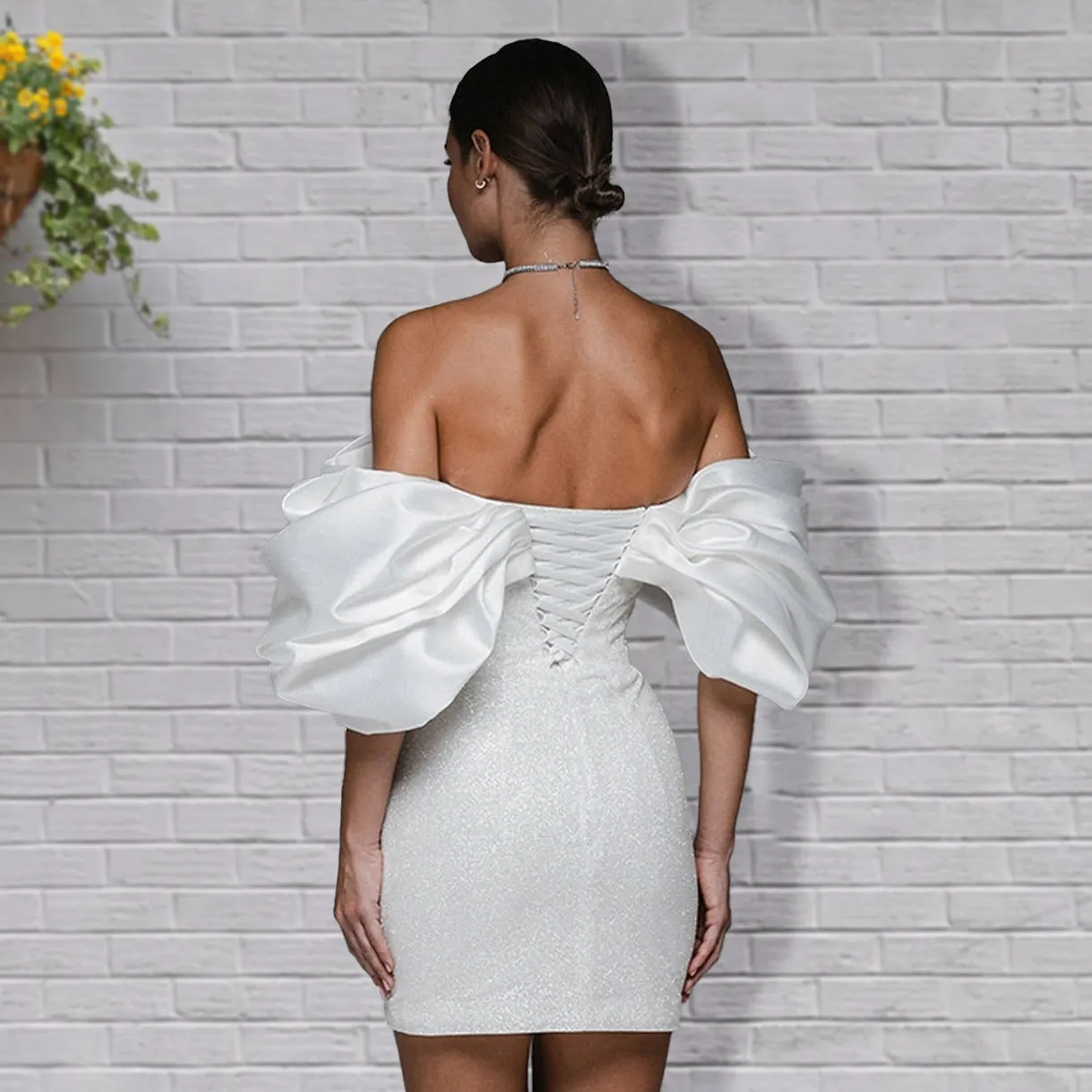 Cylae | Sheath Glitter Short Off-the-Shoulder Wedding Dress With Lace-Up Back sold by KissProm product image thumbnail 4