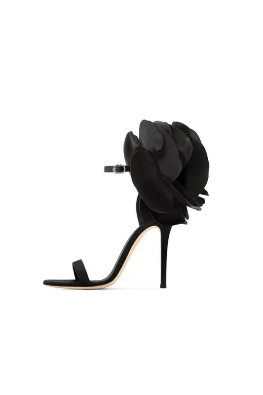 Black Flower Embellished High Stiletto Heel Sandals sold by KissProm