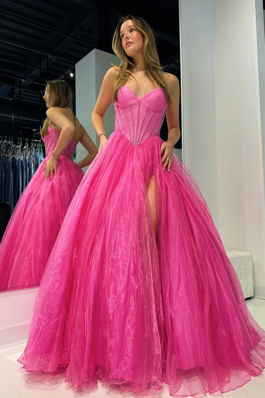 Strapless Beaded Ball Gown with Slit in Hot Pink sold by KissProm