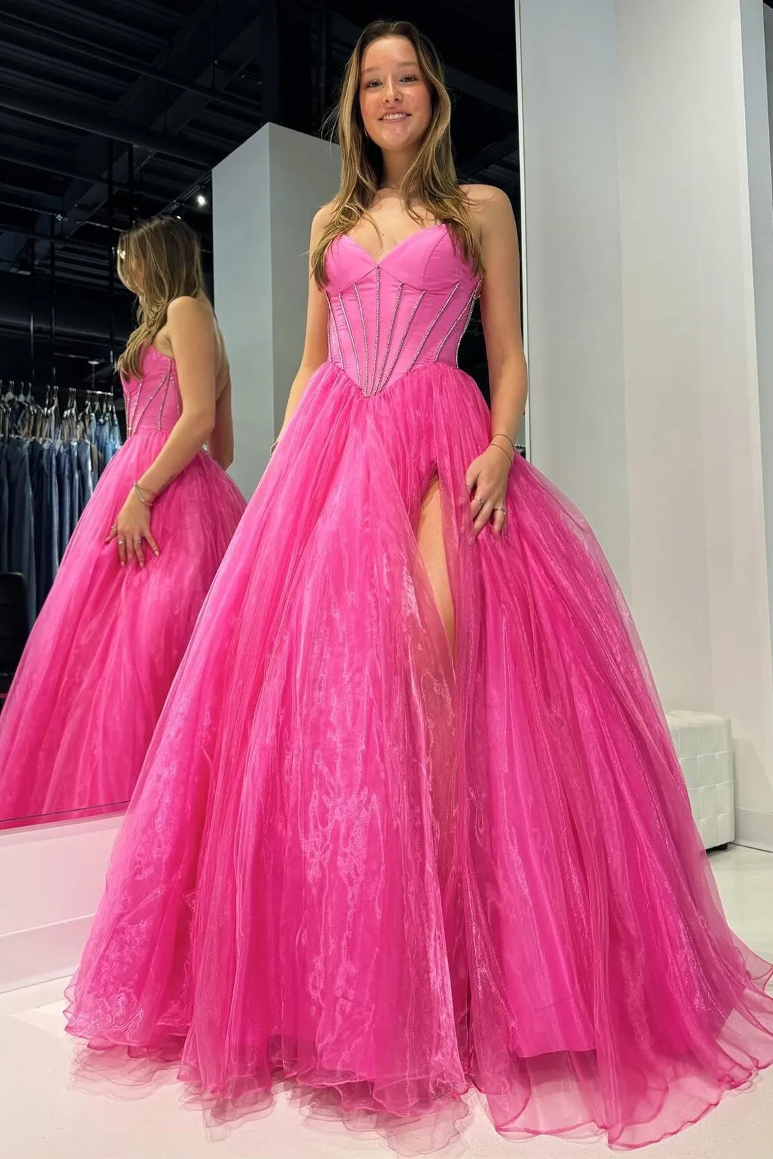 Strapless Beaded Ball Gown with Slit in Hot Pink sold by KissProm product image thumbnail 2