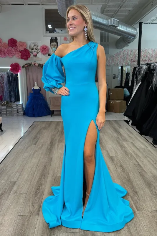 Asymmetrical Cobalt Blue Mermaid Long Formal Dress with Slit sold by KissProm