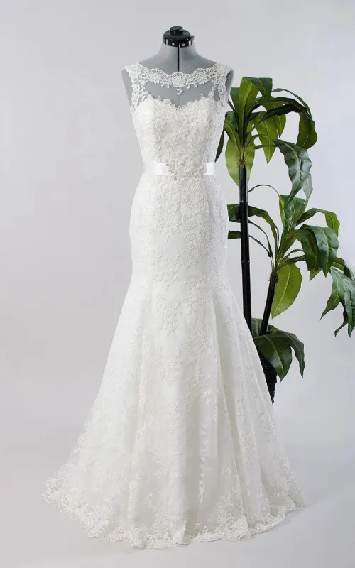Mermaid Sleeveless Lace Appliques Backless Sexy Wedding Dress with Sash sold by KissProm