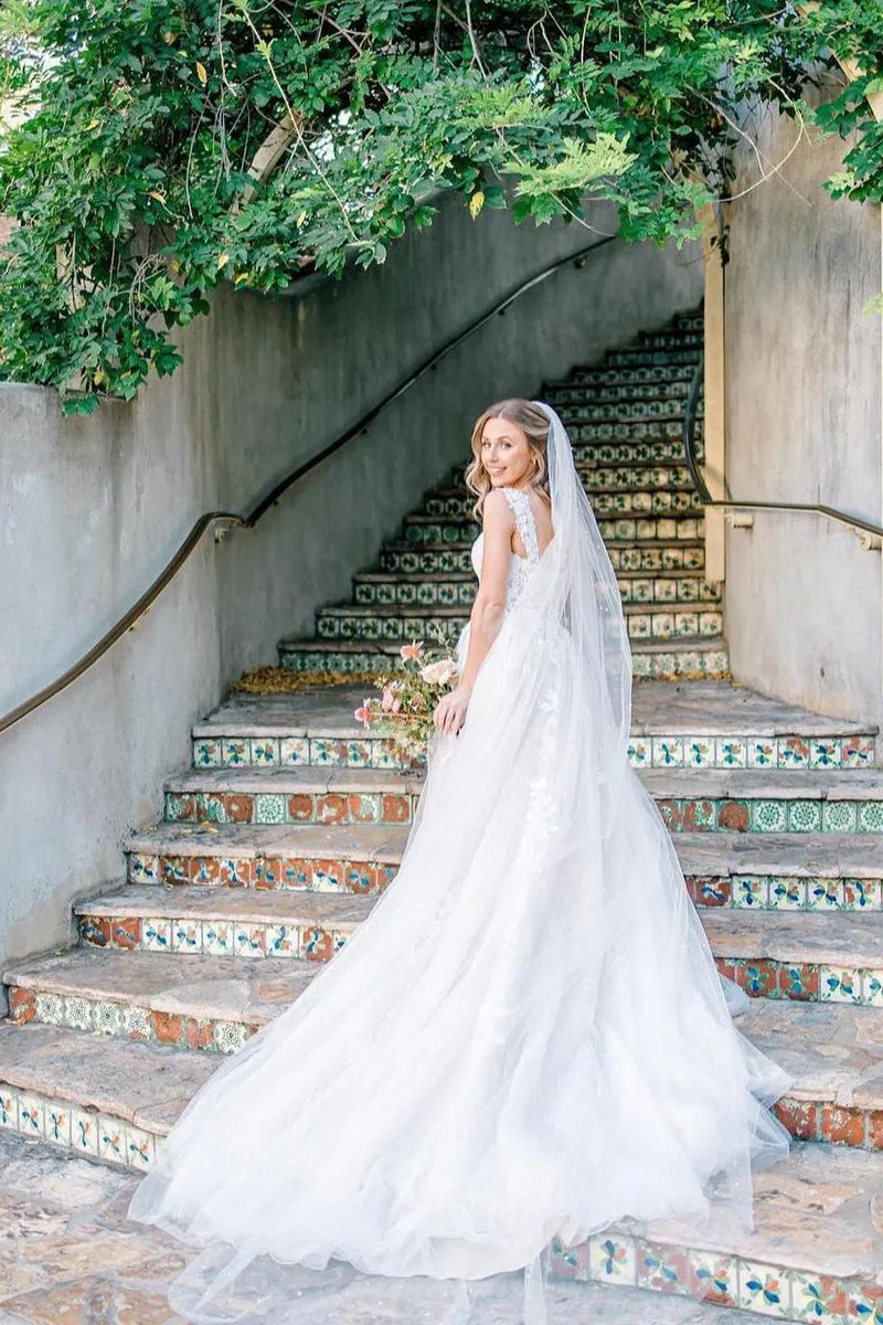 Vintage A-Line V Neck Tulle Appliques Wedding Dresses sold by KissProm product image thumbnail 2