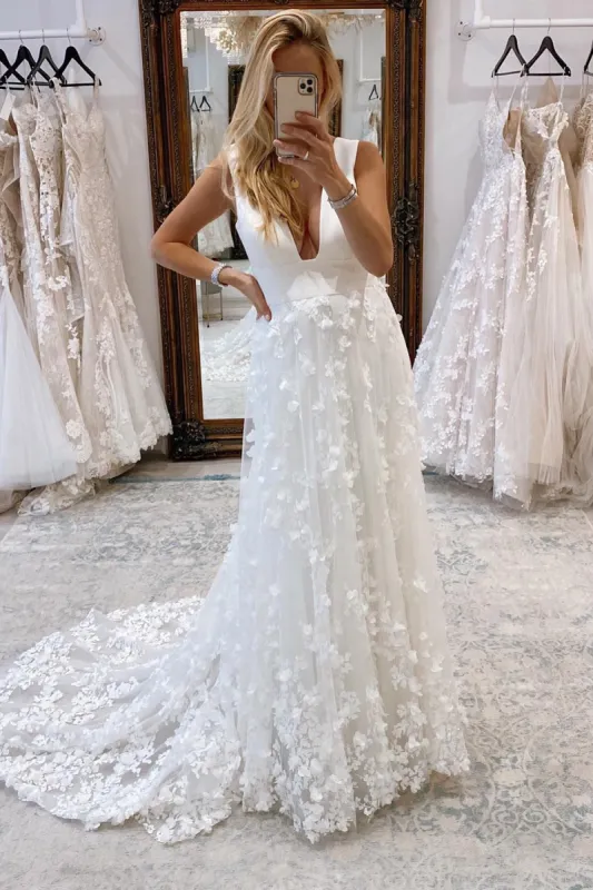 Andi | White Deep V-Neck Backless Long Wedding Dress with Appliques sold by KissProm