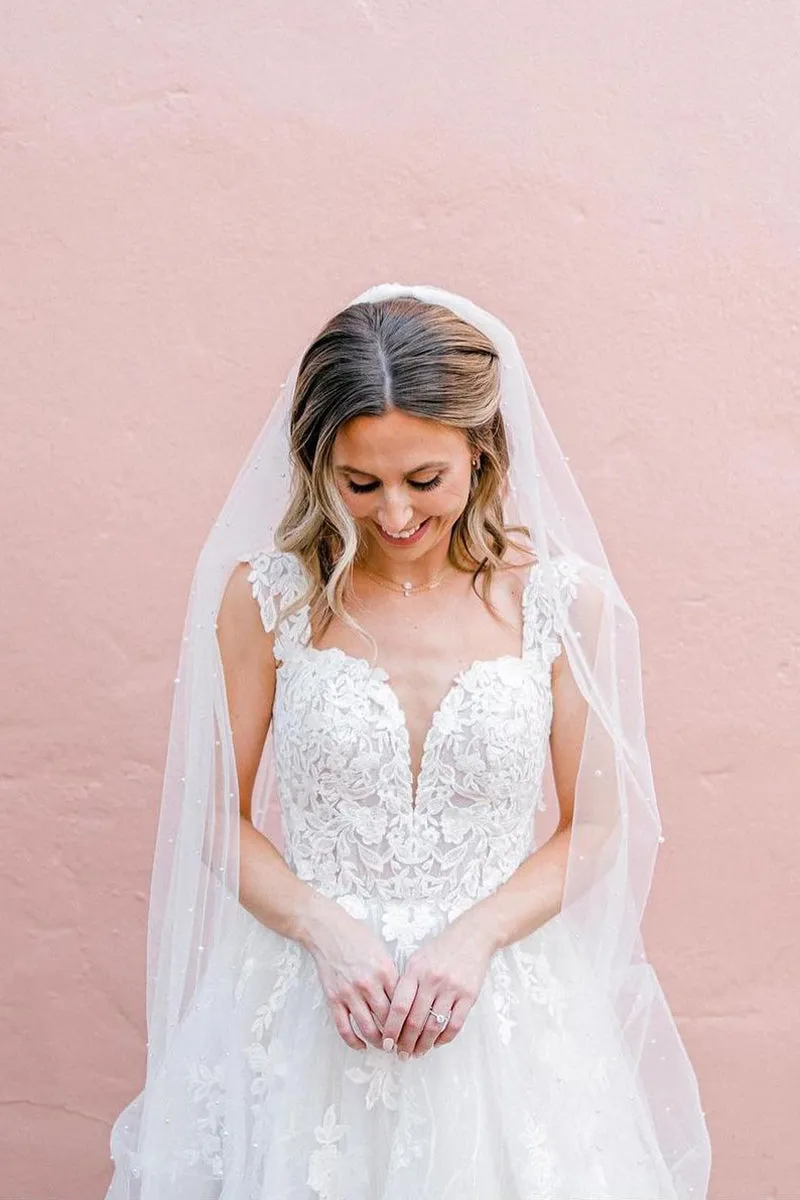 Vintage A-Line V Neck Tulle Appliques Wedding Dresses sold by KissProm product image thumbnail 3