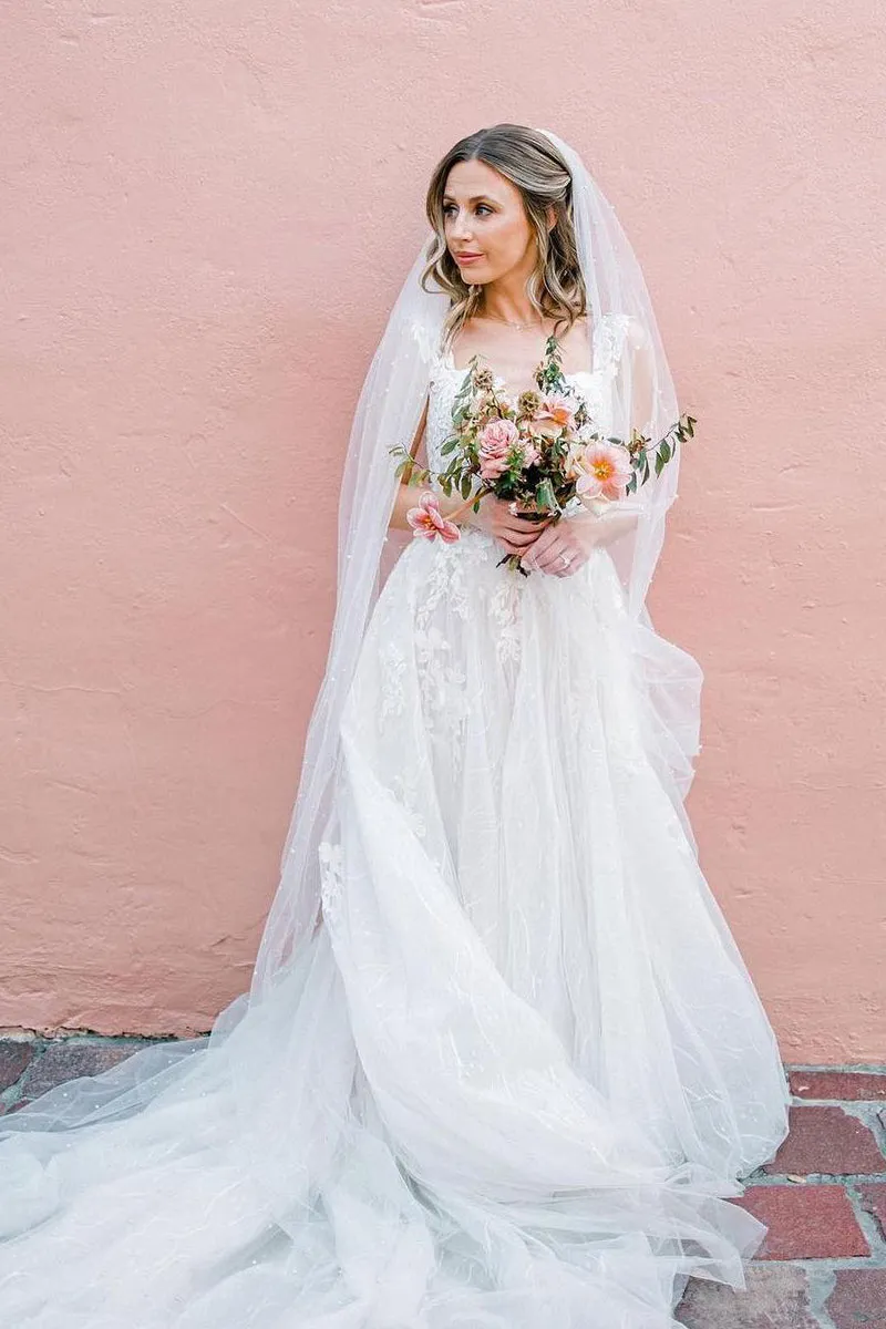 Vintage A-Line V Neck Tulle Appliques Wedding Dresses sold by KissProm