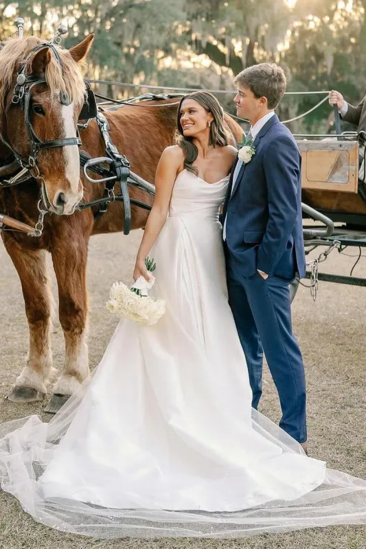 Elegant A-Line Strapless Satin Wedding Dresses sold by KissProm