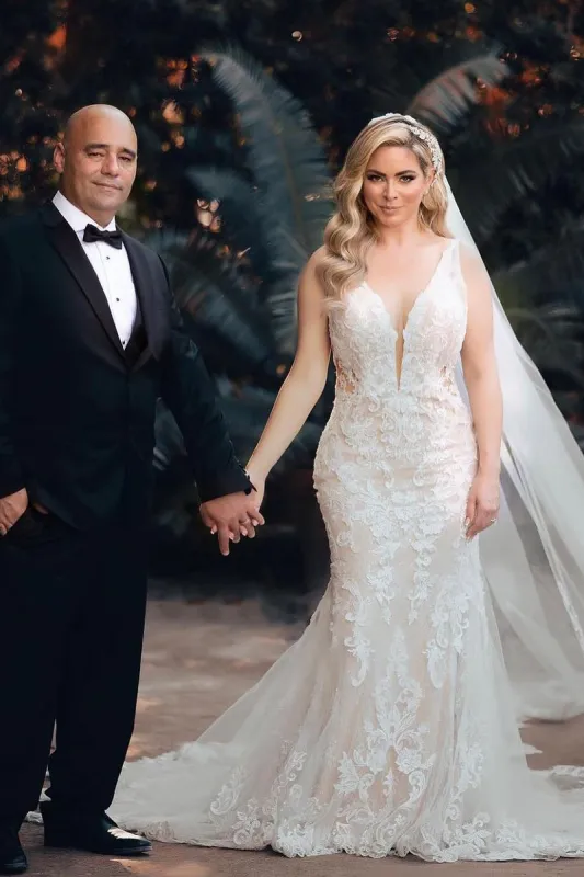 Mermaid V Neck Tulle Wedding Dresses with Train sold by KissProm