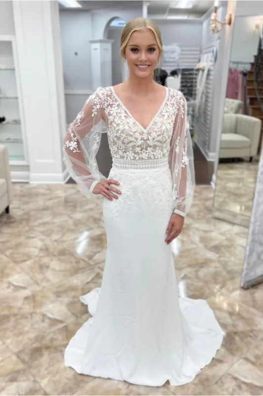 White Mermaid Deep V Neck Illusion Sleeves Appliques Long Wedding Dress sold by KissProm
