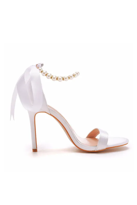 Satin Pearl Open Toe Ankle Strap High Heels sold by KissProm