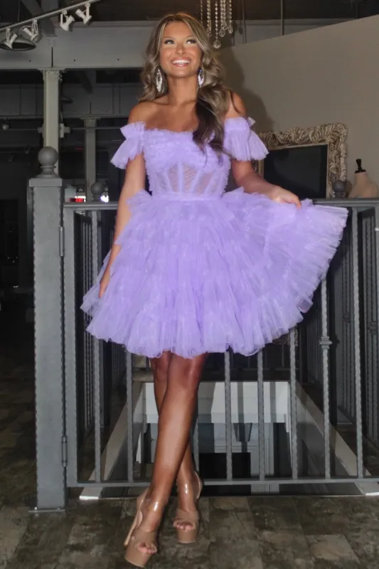 Genevra | Lavender Off-the-Shoulder Lace-Up Ruffle Tiered Homecoming Dress sold by KissProm