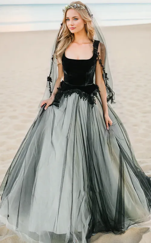 A-Line Black and White Unique Fairy Beach Lace Tulle Square Neck Floor Wedding Dress  with Keyhole Back sold by KissProm
