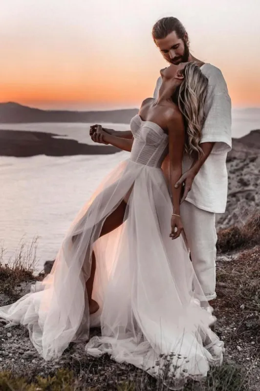 Romantic A-Line Sweetheart Tulle Beach Wedding Dresses with Slit sold by KissProm
