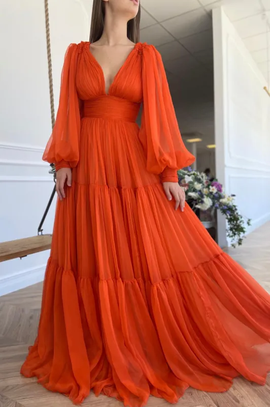 Orange Chiffon Floor Length Prom Dress, Long Sleeve Evening Party Dress made by KissProm