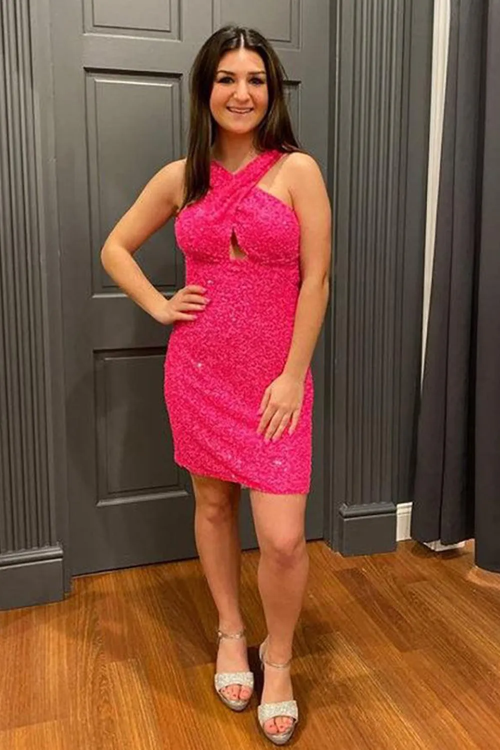 Melany | Glitter Turquoise Halter Backless Sequins Mermaid Tight Mini Party Dresses sold by KissProm product image thumbnail 5