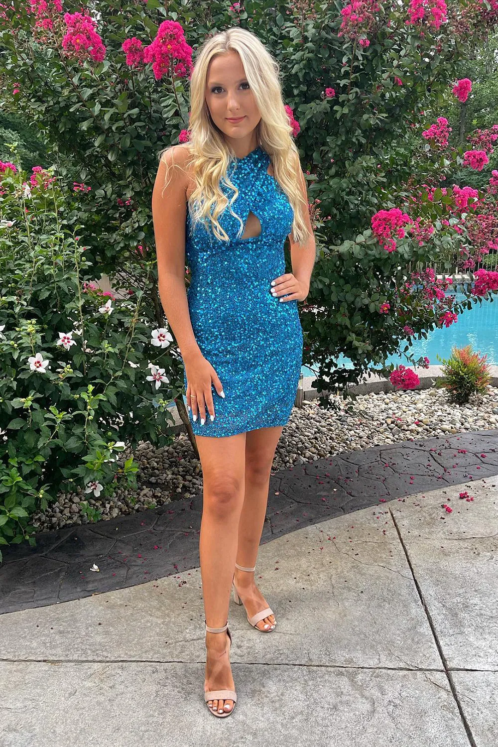 Melany | Glitter Turquoise Halter Backless Sequins Mermaid Tight Mini Party Dresses sold by KissProm
