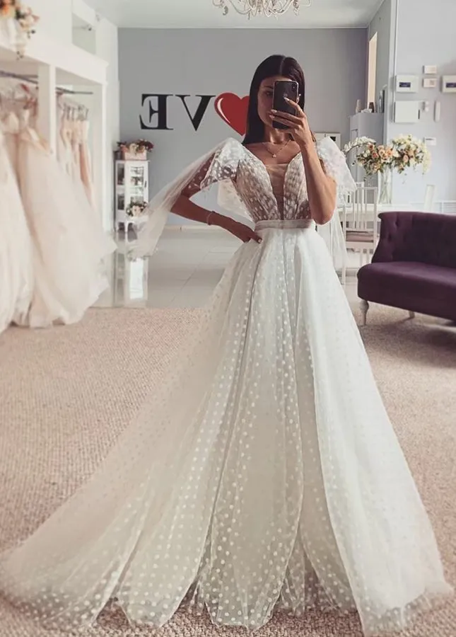 Classic White Point V-Neck Long Tulle White Wedding Dress sold by KissProm