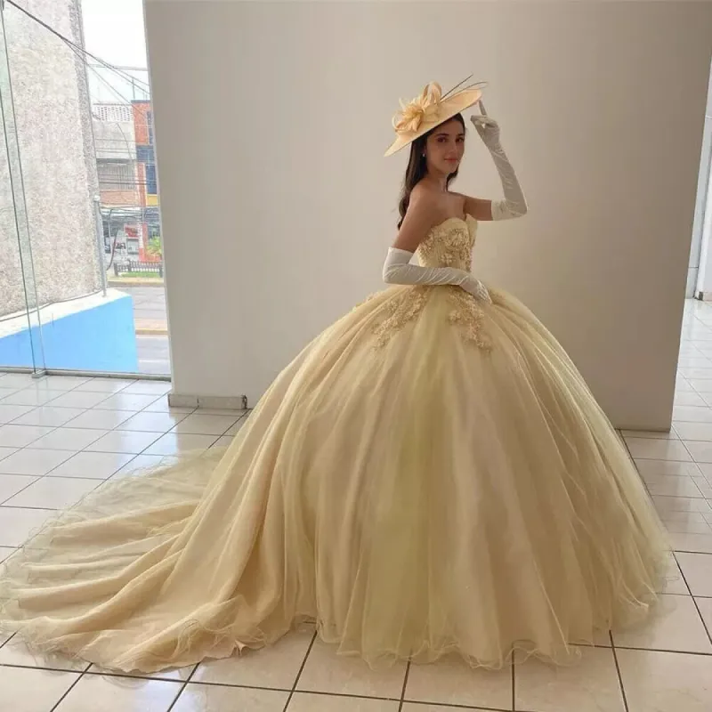 Yellow Ball-Gown Tulle Sweetheart Quinceanera Dresses with Appliques sold by KissProm