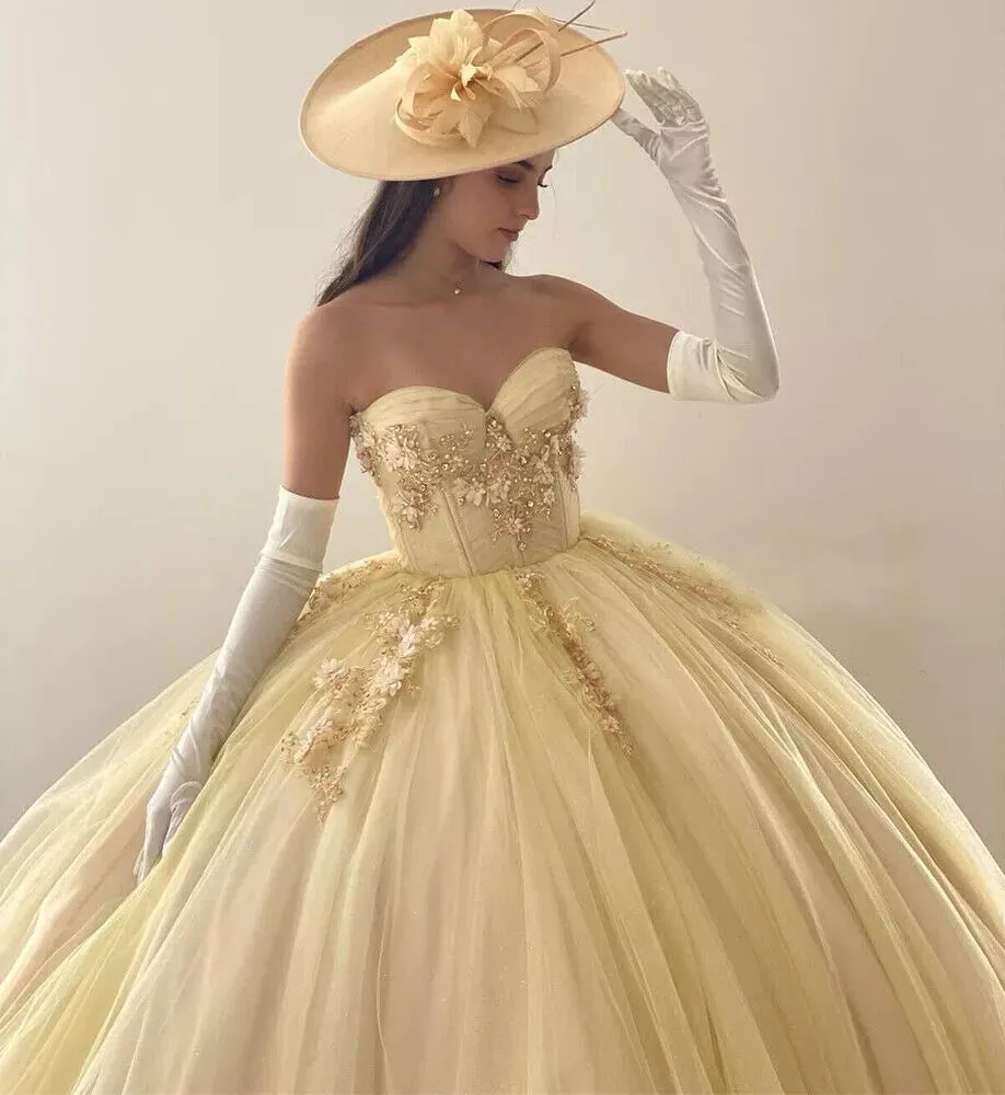 Yellow Ball-Gown Tulle Sweetheart Quinceanera Dresses with Appliques sold by KissProm product image thumbnail 2