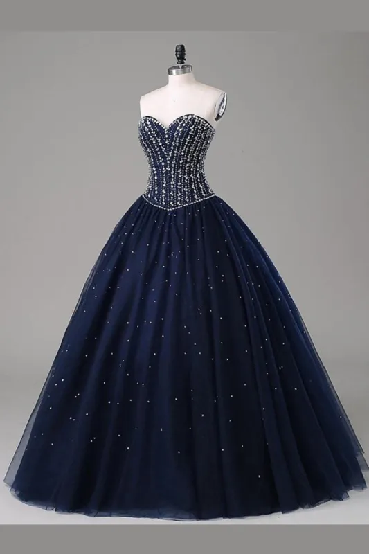 Quinceanera Dress Navy Blue Ball Gown Floor Length Sweetheart Sleeveless Mid Back Prom Dresses sold by KissProm