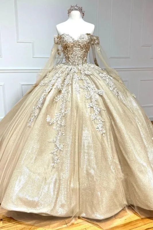 Glamorous Gold Off the Shoulder Glitter Tulle Quinceanera Dress sold by KissProm
