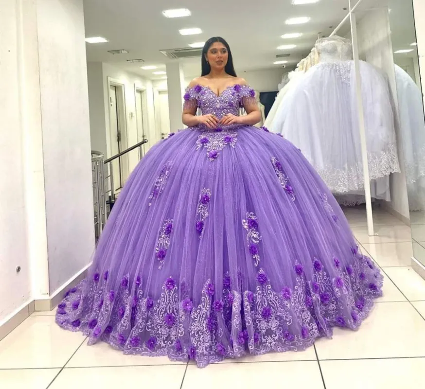 Ball Gown Lace Off-the-Shoulder Lavender Quinceanera Dress sold by KissProm