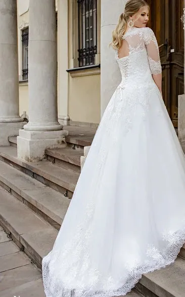 Simple Ball Gown Floor-length Half Sleeve Lace Queen Anne Wedding Dress with Appliques sold by KissProm product image thumbnail 2