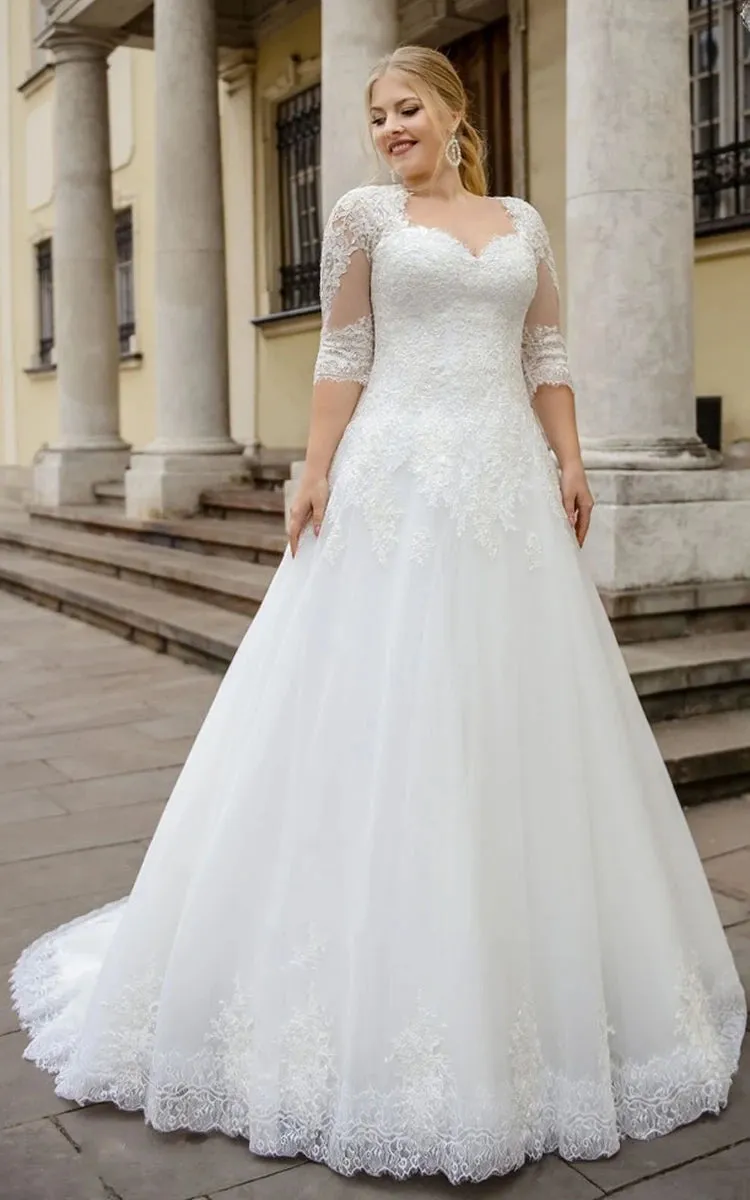 Simple Ball Gown Floor-length Half Sleeve Lace Queen Anne Wedding Dress with Appliques sold by KissProm