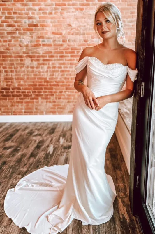 White Pearls Off-the-Shoulder Mermaid Long Wedding Dress sold by KissProm