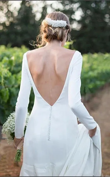 Simple Chiffon Sheath Bateau-neck Deep-V Back Bridal Gown with Chapel Train sold by KissProm product image thumbnail 2