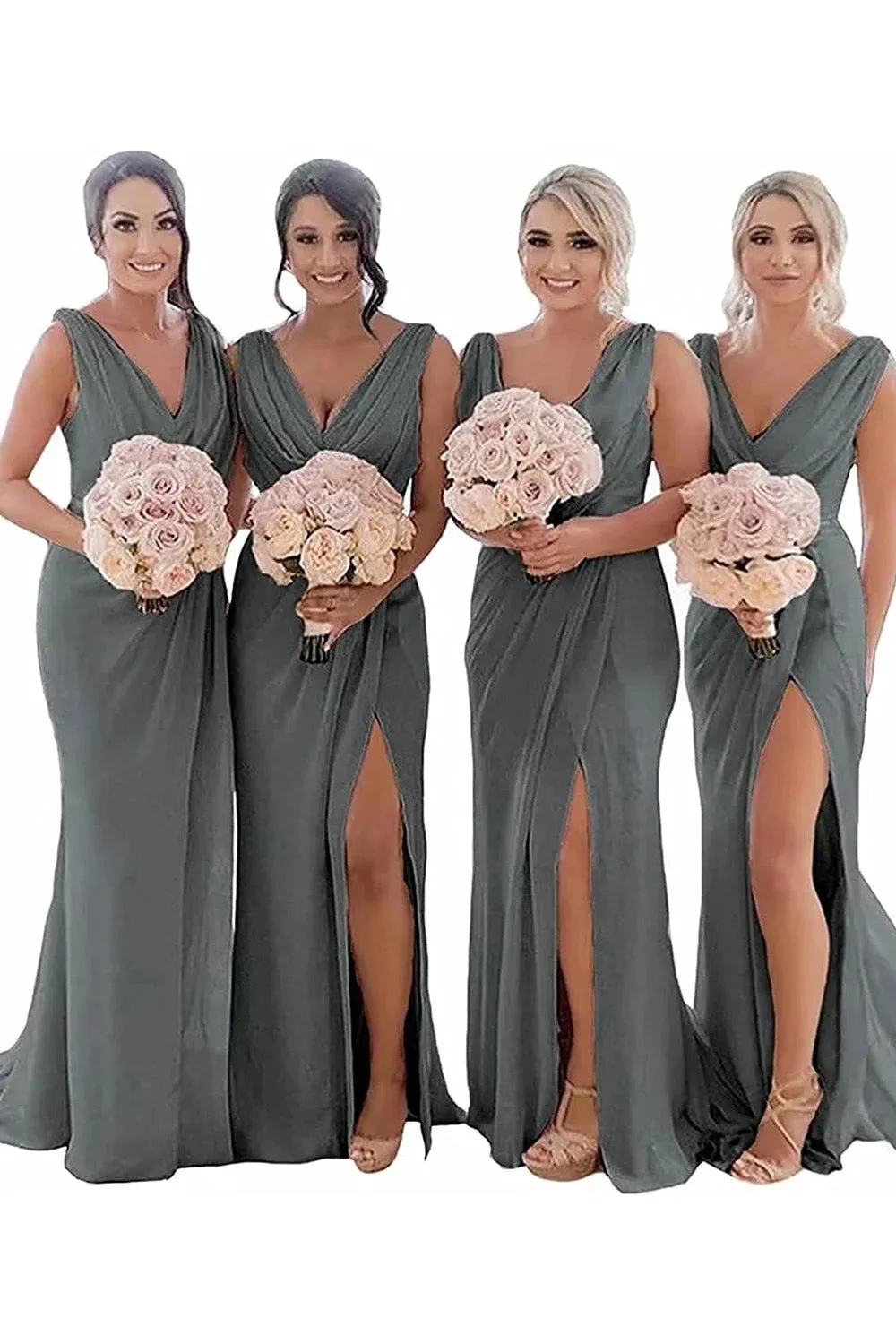 Rust Sheath Chiffon Ruched Long Bridesmaid Dress with Slit sold by KissProm product image thumbnail 5