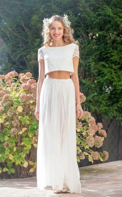 Two Piece Bateau Ankle-Length Chiffon Wedding Dress With Split Front And Pleats sold by KissProm