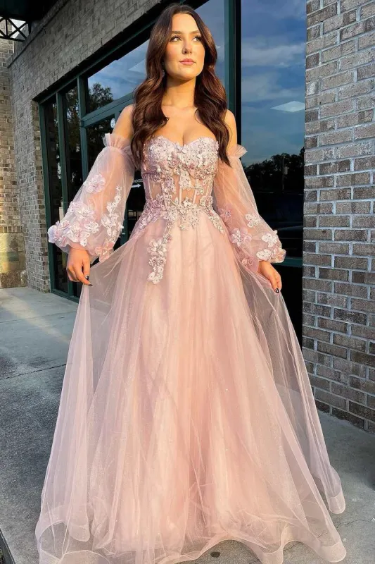 Pink Tulle Strapless A-Line Prom Dress with Balloon Sleeves sold by KissProm