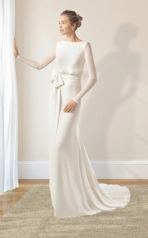 Simple Modest Chiffon Long Sleeve Wedding Dress With Decoratived Buttons and Bow sold by KissProm